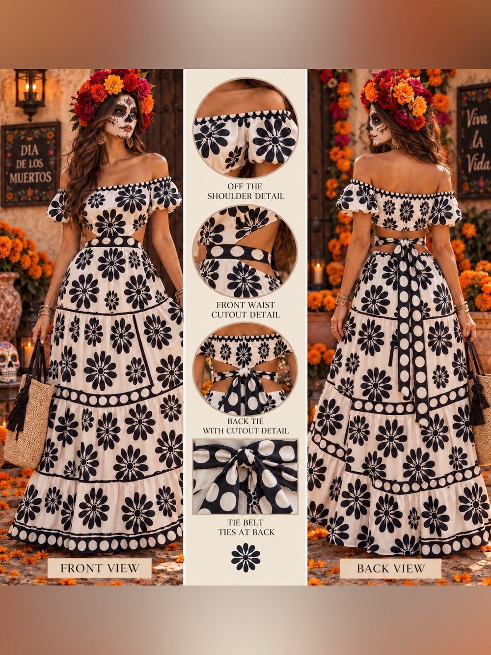 Boho Off-Shoulder Floral Maxi Cut Out Dress - Black on White